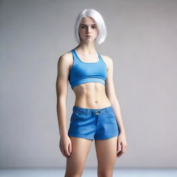 A full-body image of a young human girl with slightly longer short white hair and blue eyes, standing in a neutral pose