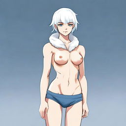 A full-body image of a young human girl with slightly longer short white hair and blue eyes, standing in a neutral pose