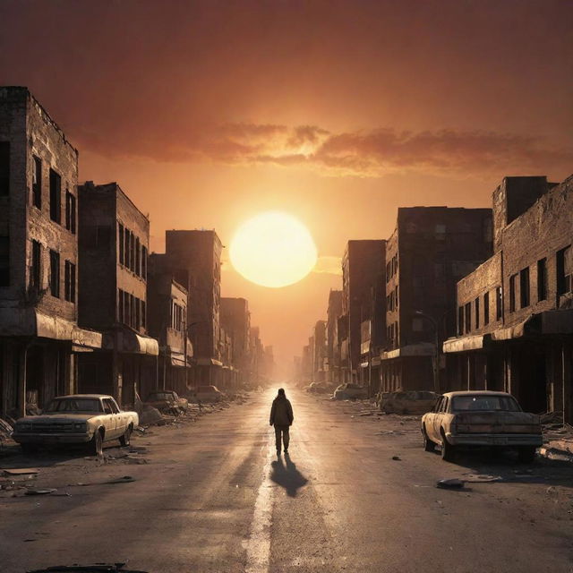 An apocalyptic scenario capturing humanity's last day on earth. Illustrate the sun setting for the final time over a deserted cityscape with barren wastelands and empty streets.