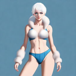 A full-body image of a young human girl with slightly longer short white hair and blue eyes, standing in a neutral pose