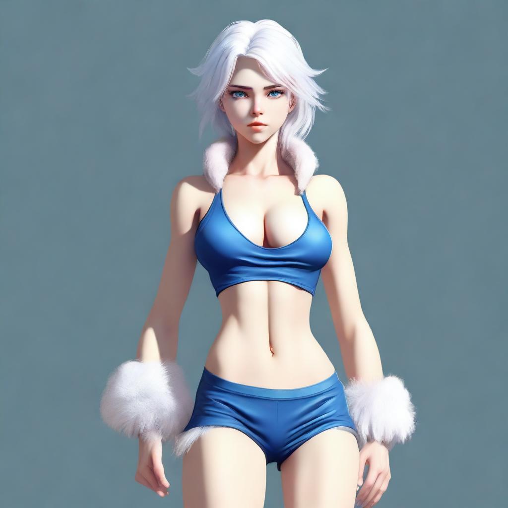 A full-body image of a young human girl with slightly longer short white hair and blue eyes, standing in a neutral pose