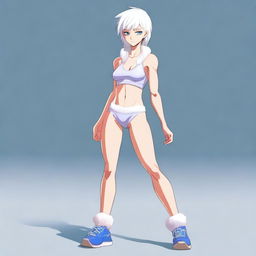 A full-body image of a young human girl with slightly longer short white hair and blue eyes, standing in a neutral pose