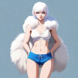 A full-body image of a young human girl with slightly longer short white hair and blue eyes, standing in a neutral pose