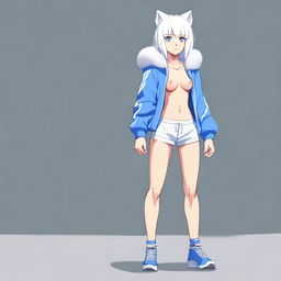 A full-body image of a young human girl with slightly longer short white hair and blue eyes, standing in a neutral pose