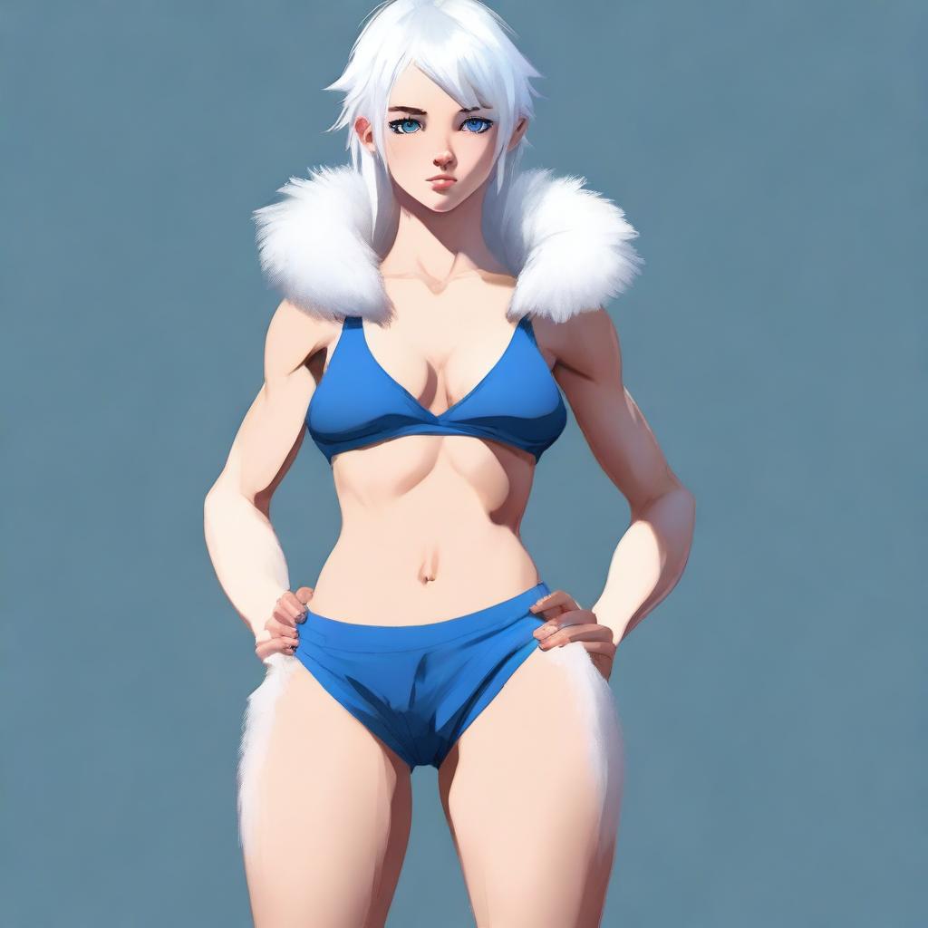 A full-body image of a young human girl with slightly longer short white hair and blue eyes, standing in a neutral pose