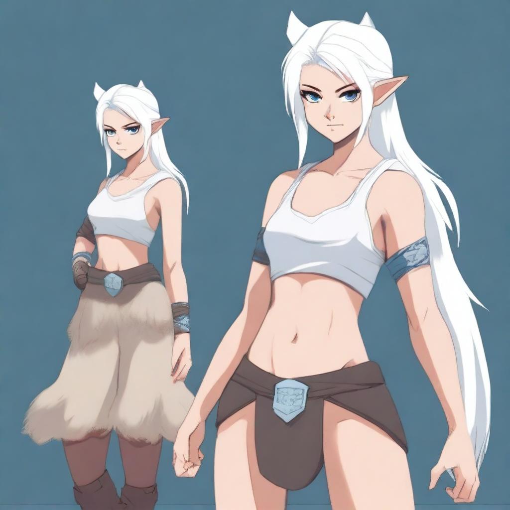 A full-body image of a young human girl with slightly longer short white hair and blue eyes, standing in a neutral pose