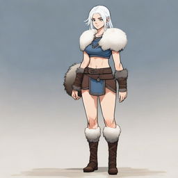 A full-body image of a young human girl with slightly longer short white hair and blue eyes, standing in a neutral pose