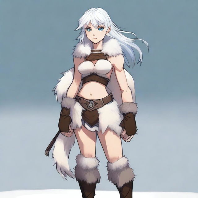 A full-body image of a young human girl with slightly longer short white hair and blue eyes, standing in a neutral pose