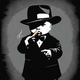 Un cartel que muestra a un bebé vestido como un jefe de la mafia, con un traje elegante, un sombrero de gángster y un cigarro falso