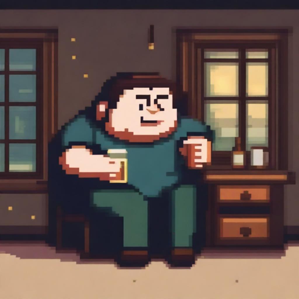 A chubby, sad, and gloomy man is sitting in his room at a table, drinking beer