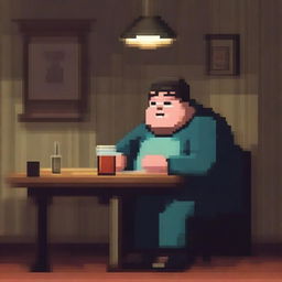 A chubby, sad, and gloomy man is sitting in his room at a table, drinking beer