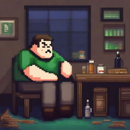 A chubby, sad, and gloomy man is sitting in his room at a table, drinking beer