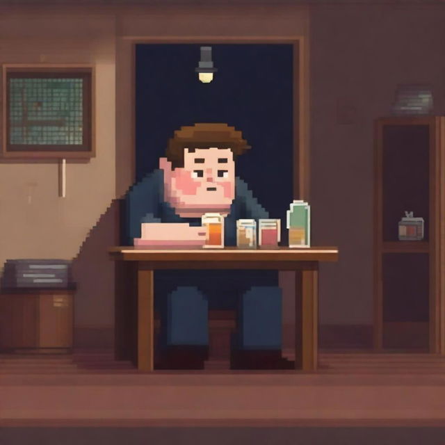 A chubby, sad, and gloomy man is sitting in his room at a table, drinking beer