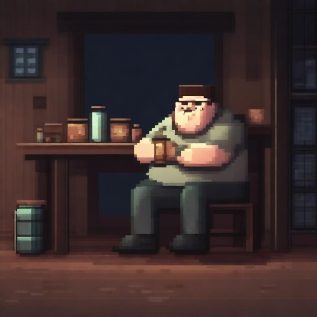 A chubby, sad, and gloomy man is sitting in a dirty room at a table, drinking beer