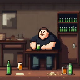 A chubby, sad, and gloomy man is sitting in a dirty room at a table, drinking beer