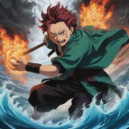 Tanjiro Kamado, the protagonist of Demon Slayer, unleashing his domain expansion. Show it as a powerful, fiery and water-based environment filled with Japanese aesthetics.