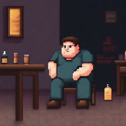 A chubby, sad, and gloomy man is sitting in a dirty room at a table, drinking beer