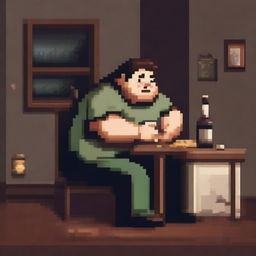 A chubby, sad, and gloomy man is sitting in a dirty room at a table, drinking beer