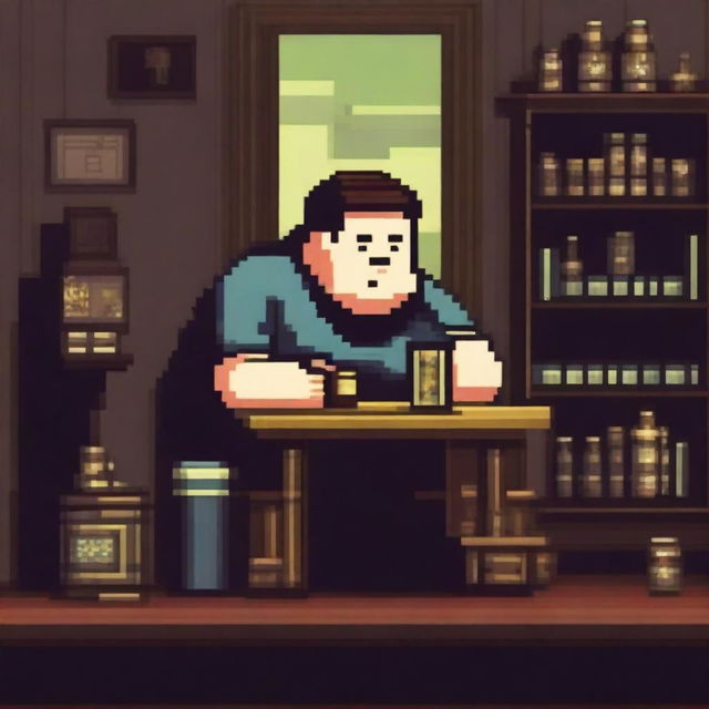 A chubby, sad, and gloomy man is sitting in his dirty room at a table, drinking beer