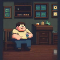 A chubby, sad, and gloomy man is sitting in his dirty room at a table, drinking beer