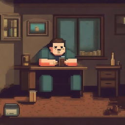 A chubby, sad, and gloomy man is sitting in his dirty room at a table, drinking beer