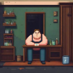 A chubby, sad, and gloomy man is sitting in his dirty room at a table, drinking beer