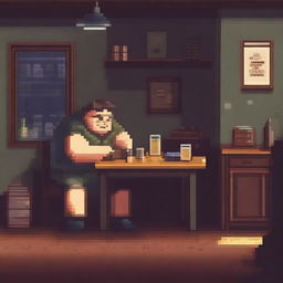 A chubby, sad, and gloomy 40-year-old man is sitting in his dirty room at a table, drinking beer