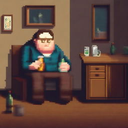 A chubby, sad, and gloomy 40-year-old man is sitting in his dirty room at a table, drinking beer