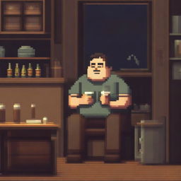 A chubby, sad, and gloomy 40-year-old man is sitting in his dirty room at a table, drinking beer