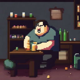 A chubby, sad, and gloomy 40-year-old man is sitting in his dirty room at a table, drinking beer