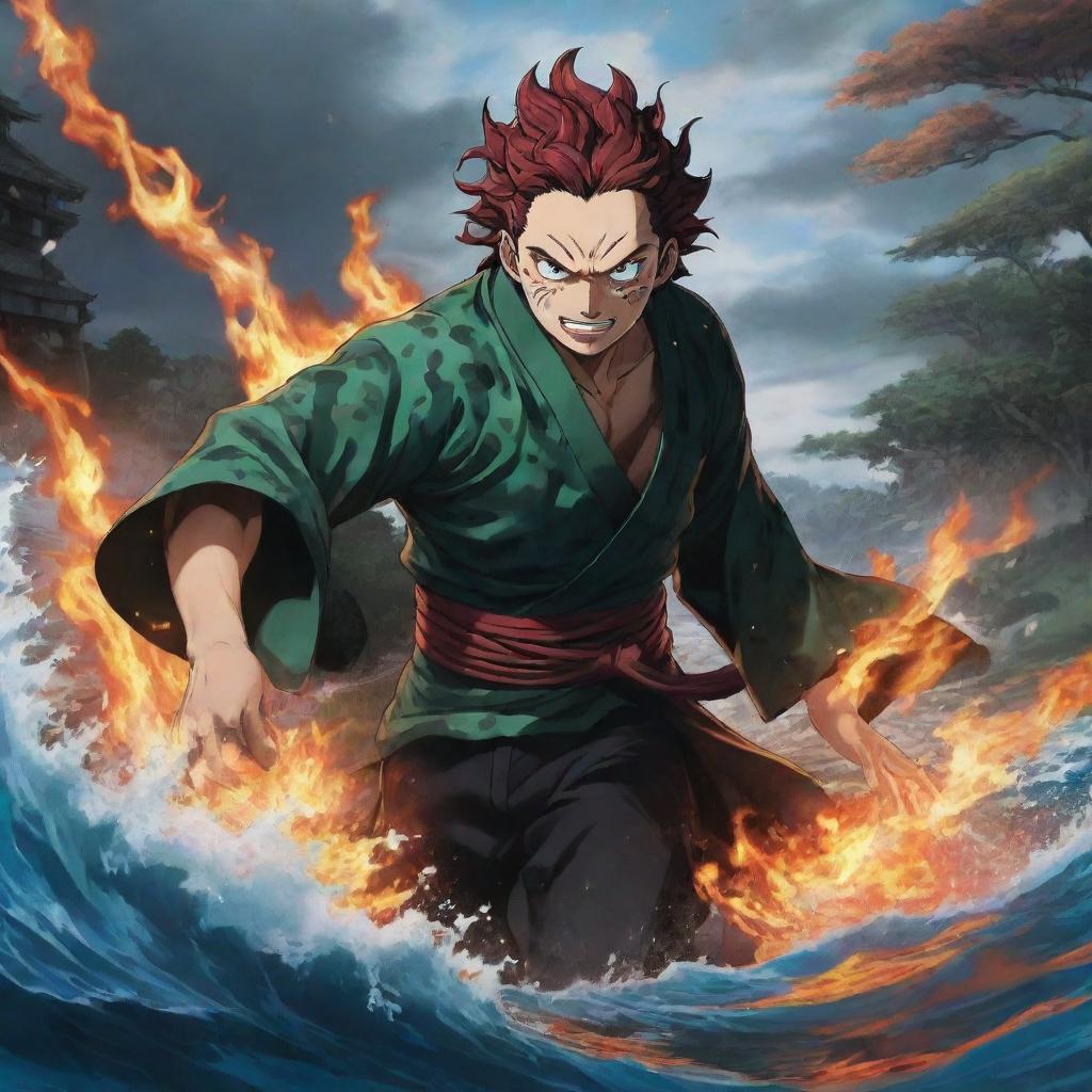 Tanjiro Kamado, the protagonist of Demon Slayer, unleashing his domain expansion. Show it as a powerful, fiery and water-based environment filled with Japanese aesthetics.