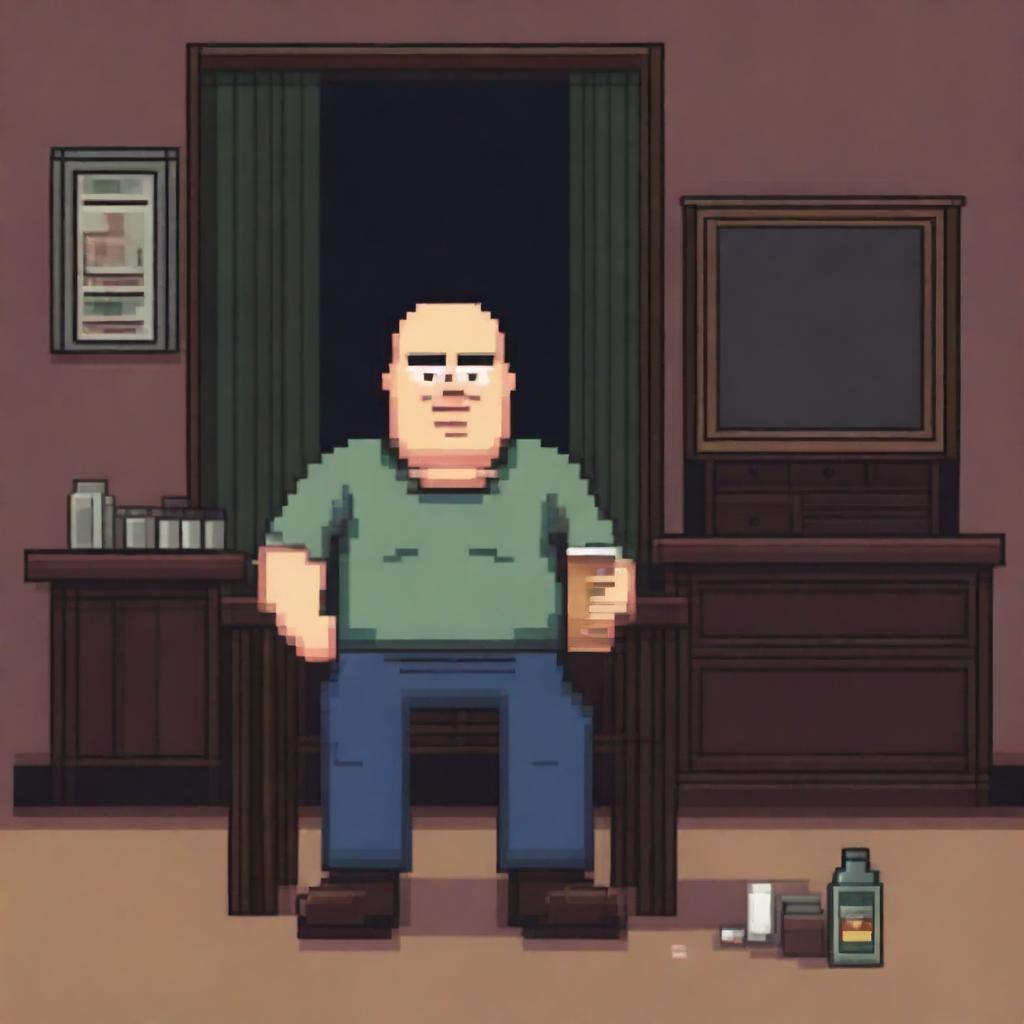 A chubby and balding 40-year-old man, sad and gloomy, is sitting in his dirty room at a table, drinking beer