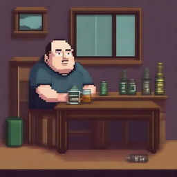 A chubby and balding 40-year-old man, sad and gloomy, is sitting in his dirty room at a table, drinking beer