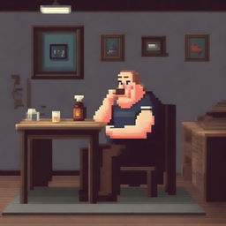 A chubby and balding 40-year-old man, sad and gloomy, is sitting in his dirty room at a table, drinking beer