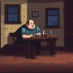 A chubby and balding 40-year-old man, sad and gloomy, is sitting in his dirty room at a table, drinking beer