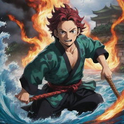 Tanjiro Kamado, the protagonist of Demon Slayer, unleashing his domain expansion. Show it as a powerful, fiery and water-based environment filled with Japanese aesthetics.