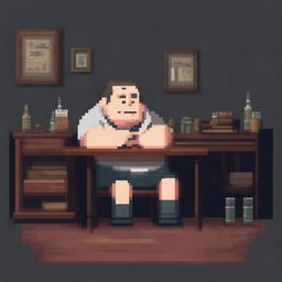 A chubby and balding 40-year-old man, sad and gloomy, is sitting in his dirty room at a table, drinking beer