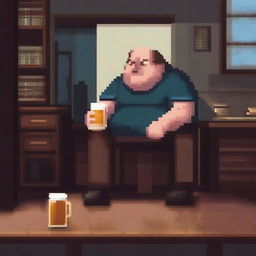 A chubby and balding 40-year-old man, sad and gloomy, is sitting in his dirty room at a table, drinking beer