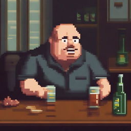 A chubby and balding 40-year-old man, sad and gloomy, is sitting in his dirty room at a table, drinking beer