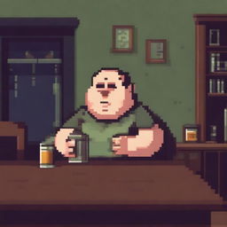 A chubby and balding 40-year-old man, sad and gloomy, is sitting in his dirty room at a table, drinking beer