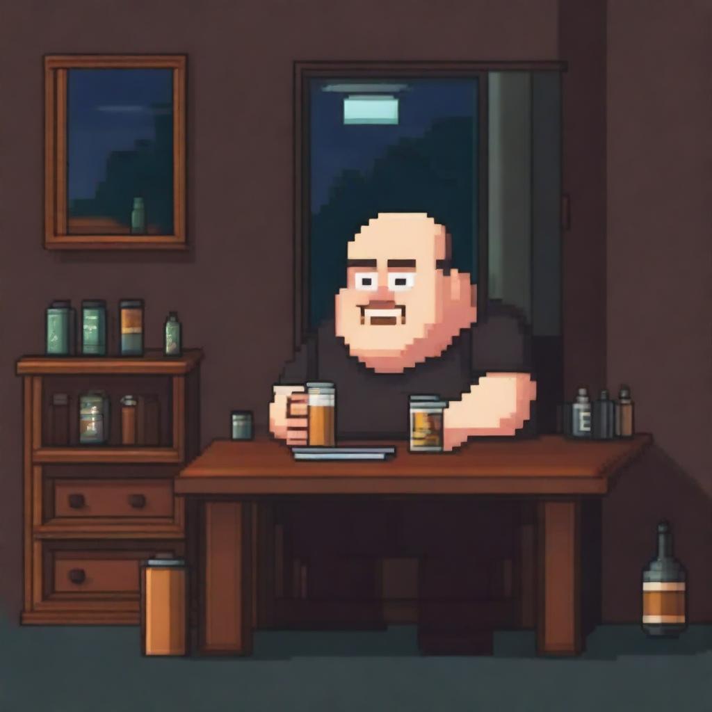 A chubby and balding 40-year-old man, sad and gloomy, is sitting in his dirty room at a table, drinking beer