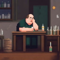 A chubby and balding 40-year-old man, sad and gloomy, is sitting in his dirty room at a table, drinking beer