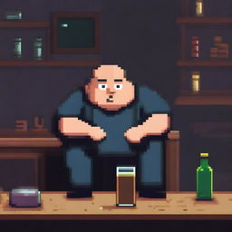 A chubby and balding 40-year-old man, sad and gloomy, is sitting in his dirty room at a table, drinking beer