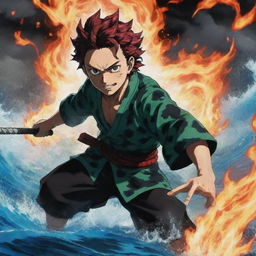 Tanjiro Kamado, the protagonist of Demon Slayer, unleashing his domain expansion. Show it as a powerful, fiery and water-based environment filled with Japanese aesthetics.