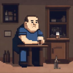 A chubby and balding 40-year-old man, sad and gloomy, is sitting in his dirty room at a table, drinking beer