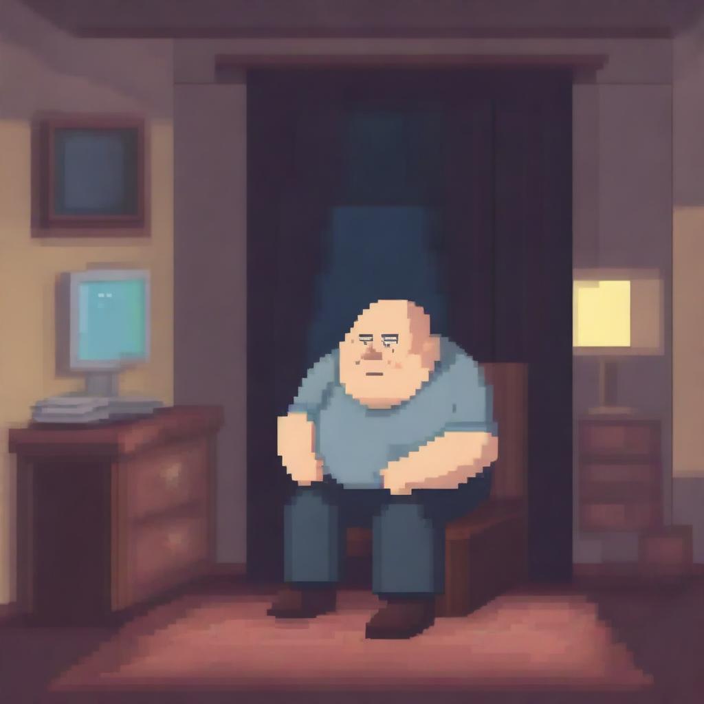 A chubby and balding 40-year-old man, sad and gloomy, is sitting in his dirty room