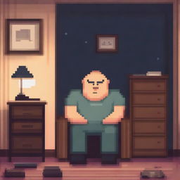 A chubby and balding 40-year-old man, sad and gloomy, is sitting in his dirty room