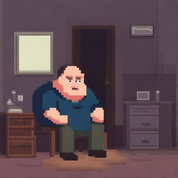 A chubby and balding 40-year-old man, sad and gloomy, is sitting in his dirty room