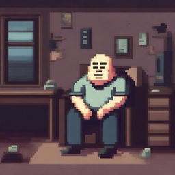 A chubby and balding 40-year-old man, sad and gloomy, is sitting in his dirty room