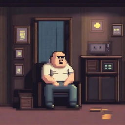 A chubby and balding 40-year-old man, sad and gloomy, is sitting in his dirty room